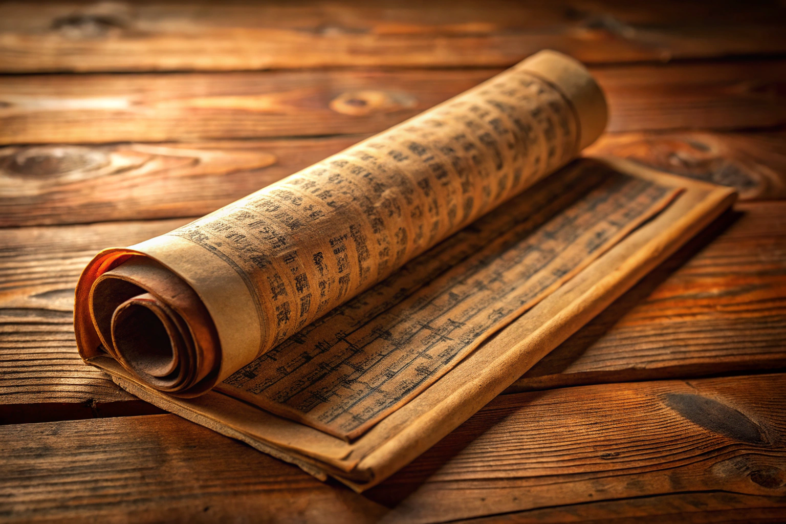 An ancient manuscript or scroll with Sanskrit inscriptions, symbolizing the historical roots of yoga, set on a simple wooden surface with soft lighting, free of any text or symbols