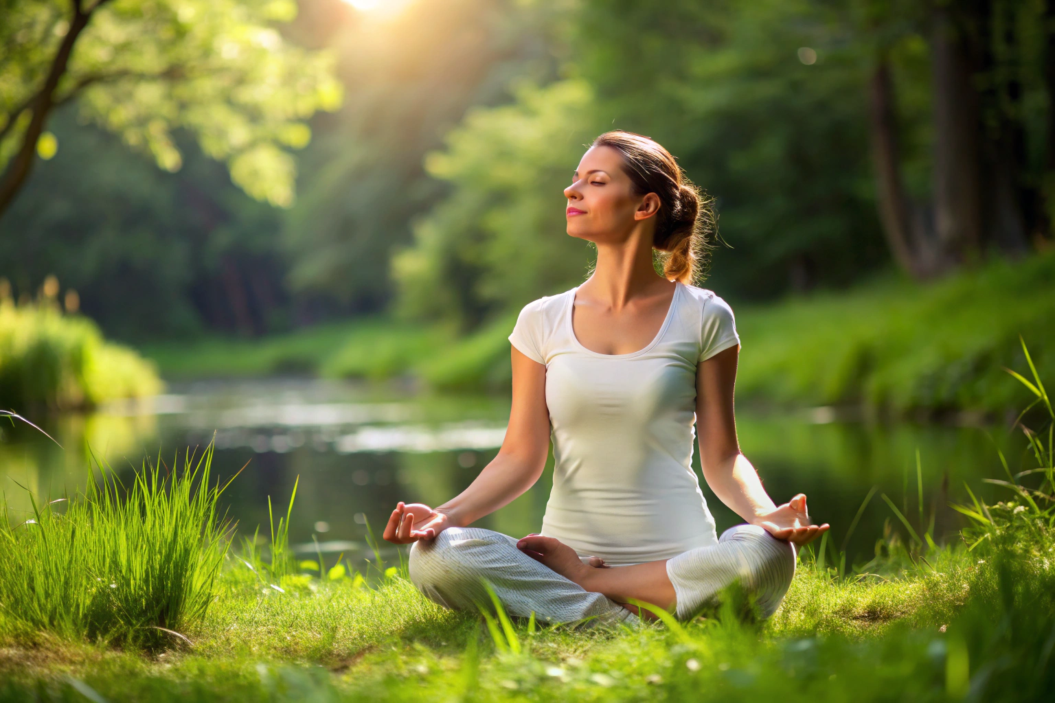 Eine Person in einer entspannten Yoga-Pose, sitzend mit geschlossenen Augen und tief atmend, in einem ruhigen, natürlichen Umgebung ohne Ablenkungen