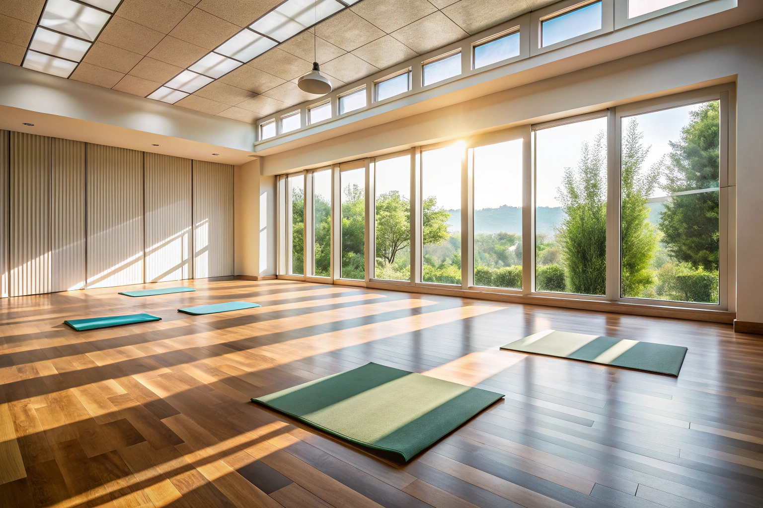 A peaceful and minimalist yoga studio scene with natural light streaming through large windows, showing empty yoga mats on a clean wooden floor and simple, unadorned walls, creating an atmosphere of tranquility and focus