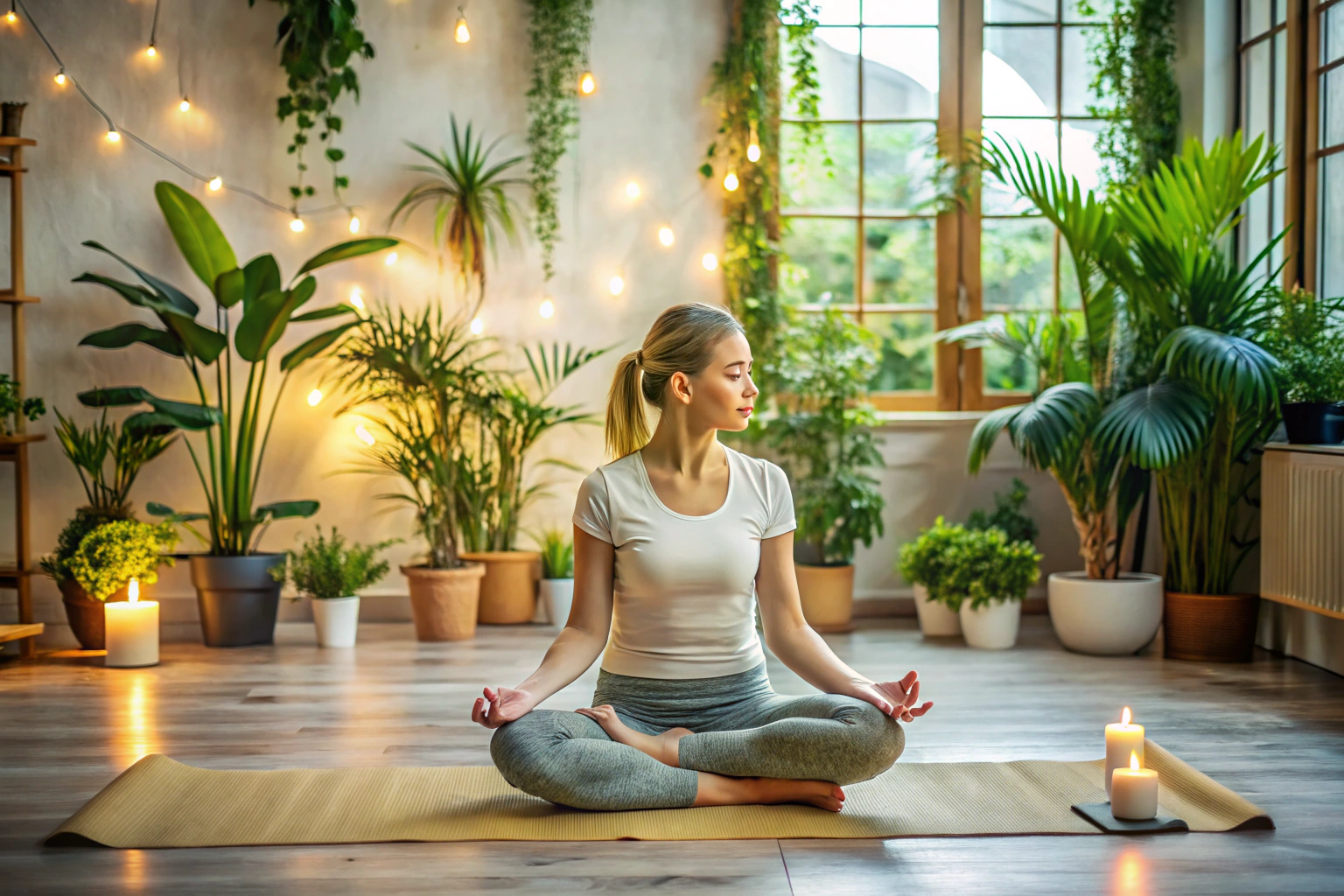 Eine Person in einer meditativen Sitzhaltung auf einer Yogamatte, umgeben von sanftem Licht und dekorativen Pflanzen, die eine ruhige Atmosphäre vermittelt