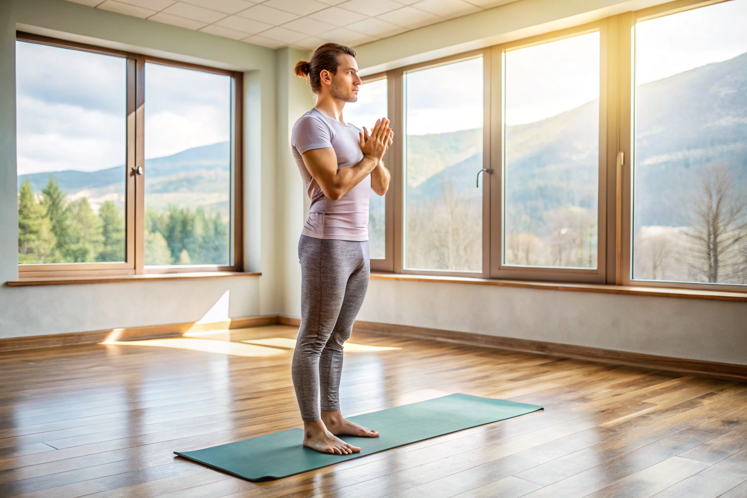 Eine Person in der Bergpose, stehend mit geradem Rücken, Armen an den Seiten, auf einer Yogamatte in einem ruhigen Raum