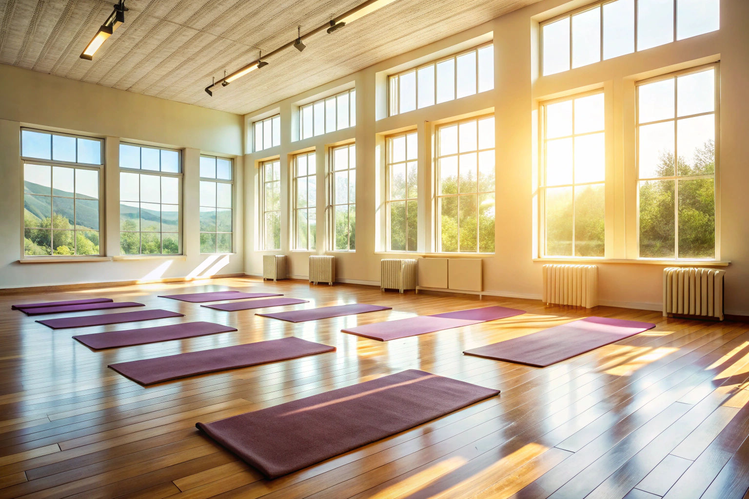A peaceful yoga studio scene with yoga mats aligned on a clean floor, soft light filtering through windows, no people or text, evoking tranquility and focus